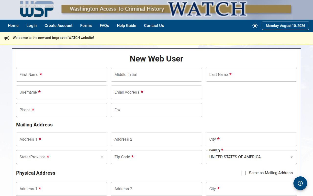 Stevens County criminal history WATCH account and fee form